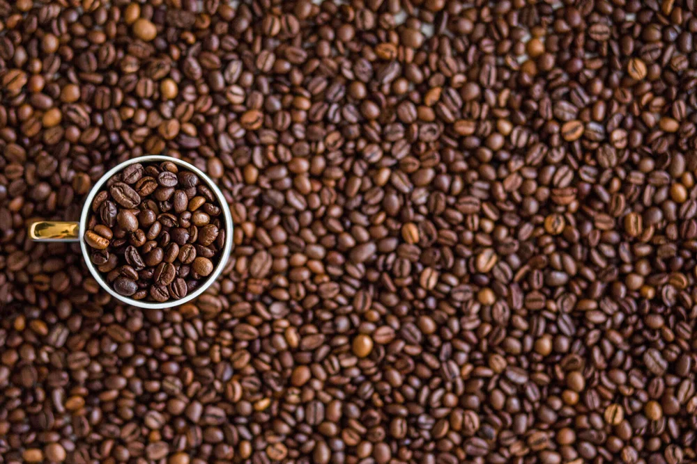Roasted coffee beans spilling from a cup